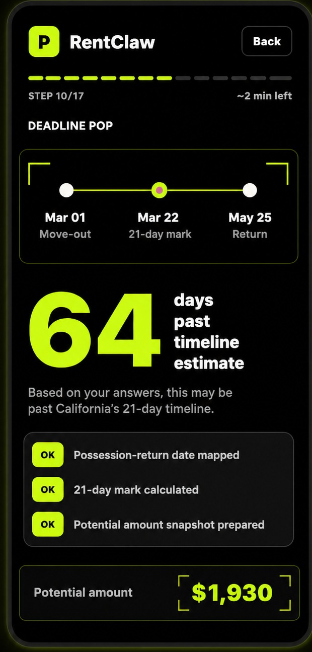 RentClaw dark deadline analysis screen with 64 days past timeline estimate.