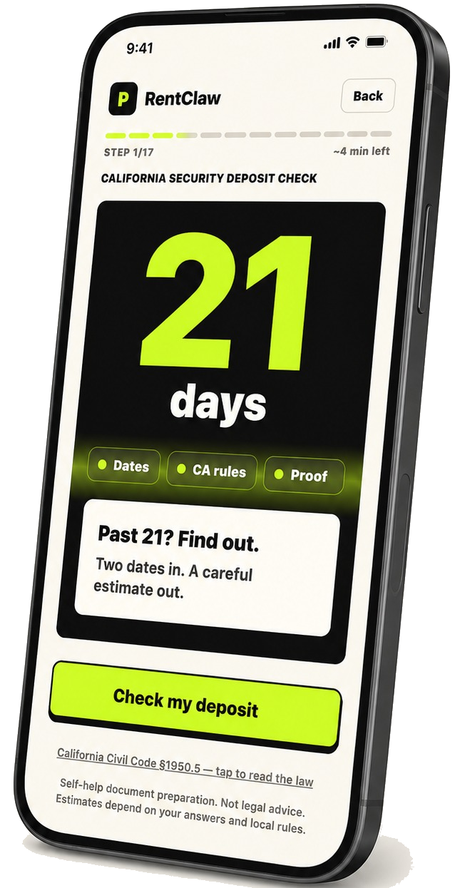 RentClaw app screen showing a 21 day California security deposit check.
