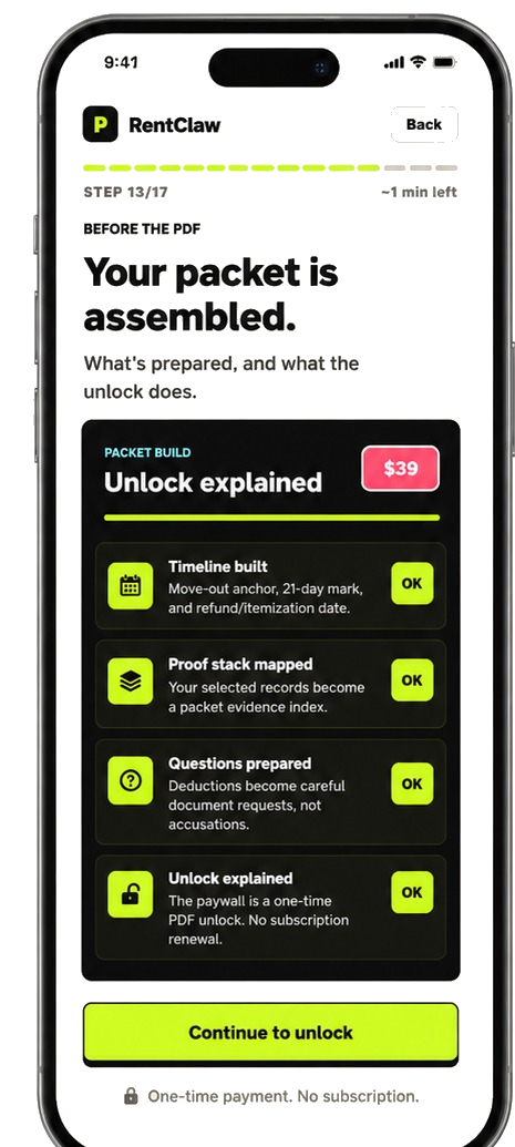 RentClaw packet unlock screen.