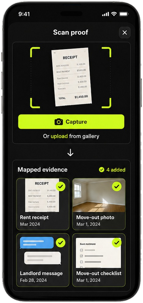 RentClaw proof scanner interface with mapped evidence.