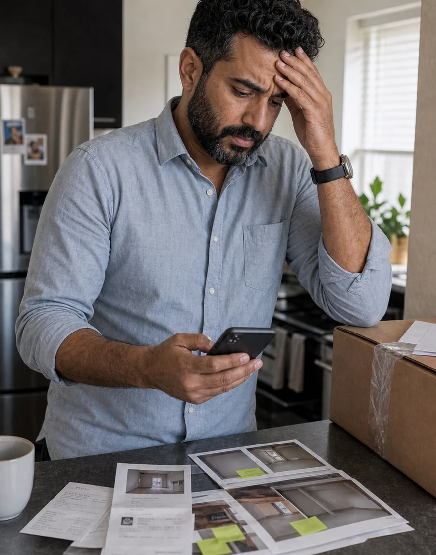 Fictional composite portrait of a renter reviewing receipts and phone records in a kitchen.