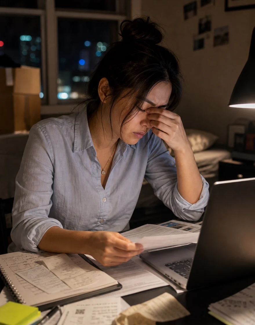 Fictional composite portrait of a young professional renter reviewing late-night paperwork.