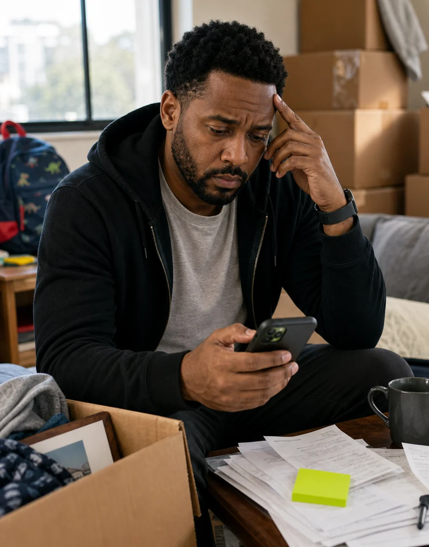 Fictional composite portrait of a single parent renter reviewing a phone beside moving boxes.