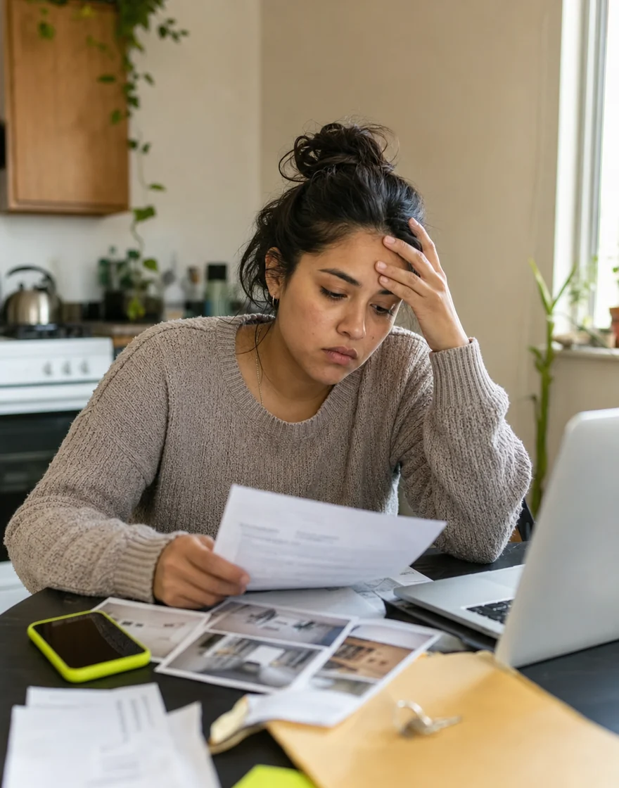 Fictional composite portrait of a California renter reviewing move-out documents.