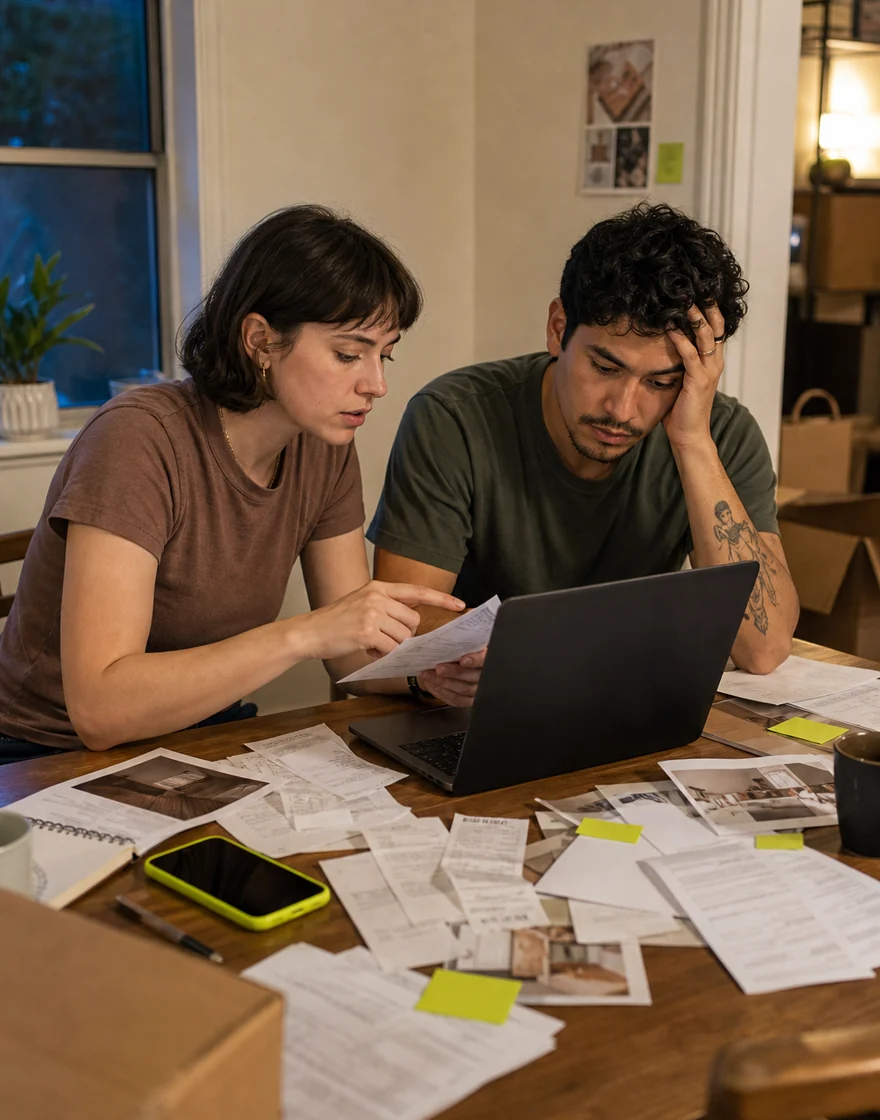 Fictional composite portrait of roommates comparing receipts and lease documents.